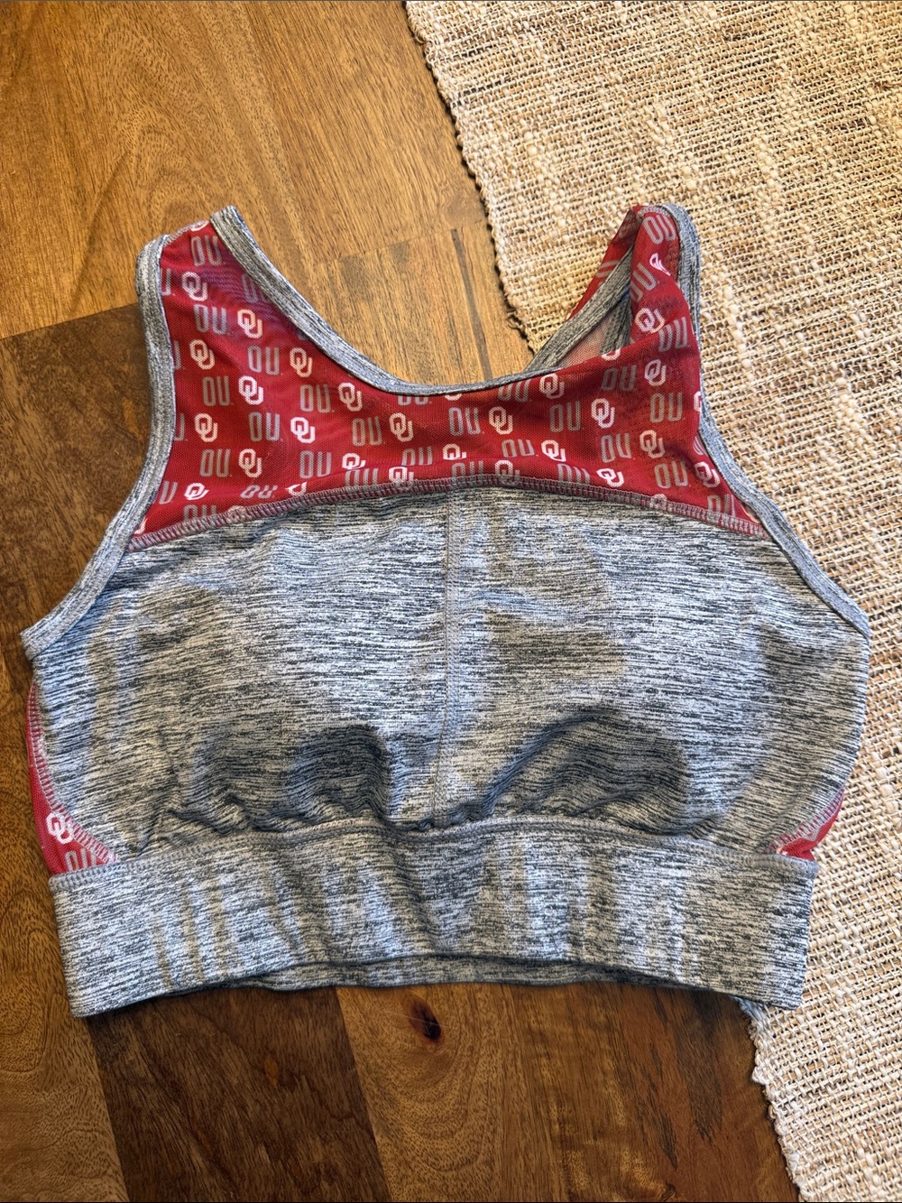 Gray & Red OU Logo Sports Bra - Supportive Racerback